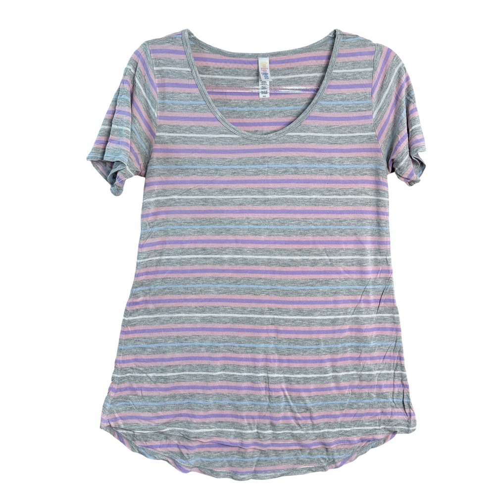 LuLaRoe Classic Tee‎ XXS Gray Pink Blue Striped Short Sleeve Scoop Neck T-Shirt